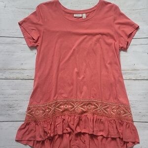 LOGO by Lori Goldstein Pink Short Sleeve Embroidered Ruffle Hem Blouse Small